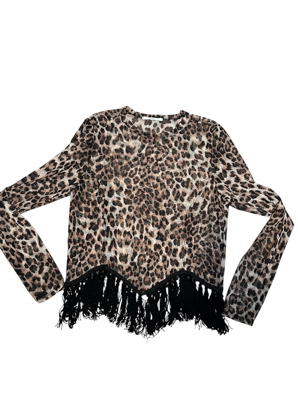 Nouvida Leopard Mesh Fringe Top Boho Western Y2K Sheer Animal Print Long Sleeve